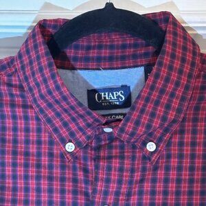 Chaps Shirt Mens Large Red Black Plaid Easy Care Button Down